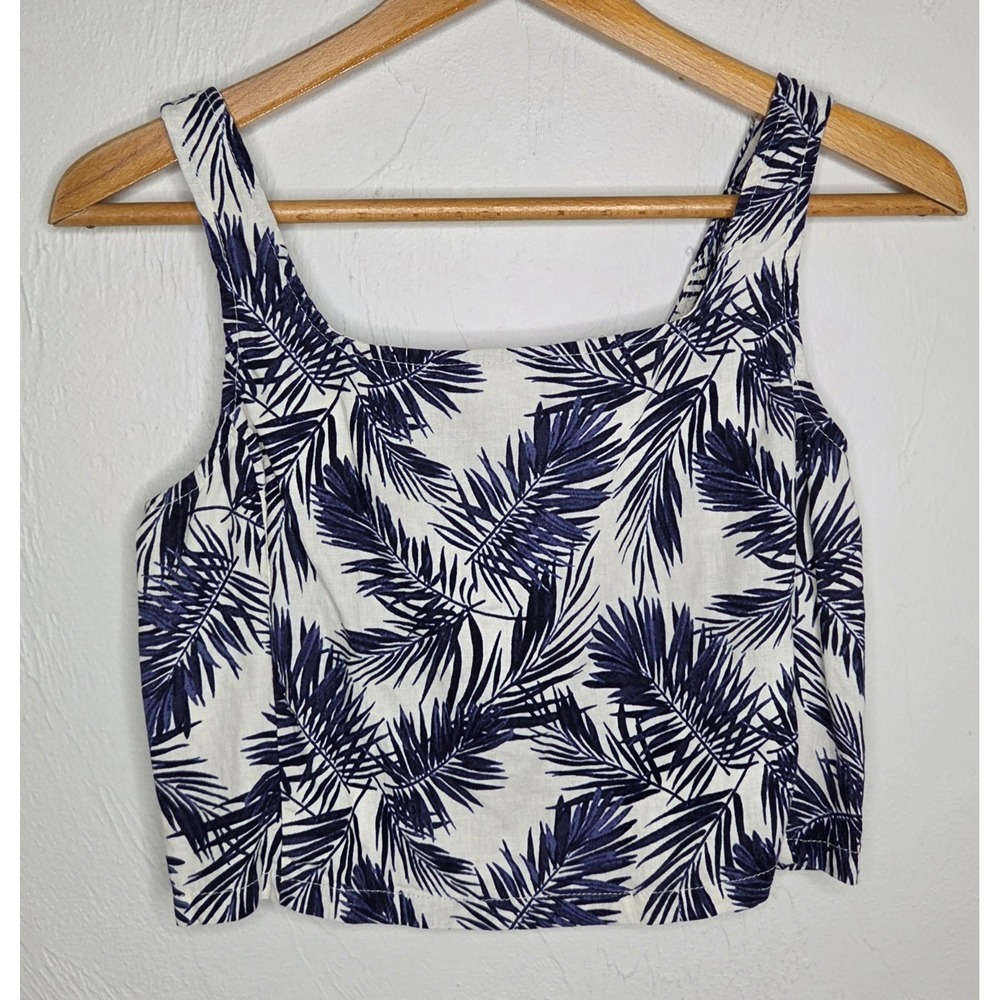 Panama Jack Navy Cream Leaf Palm Pattern Tank Top Linen Blend Womens Size Small